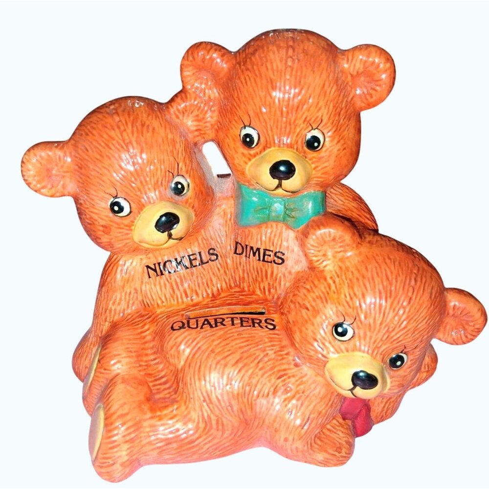 Vintage Ceramic Teddy Bear Coin Bank For Nickels Dimes & Quarters Collectible Ma
